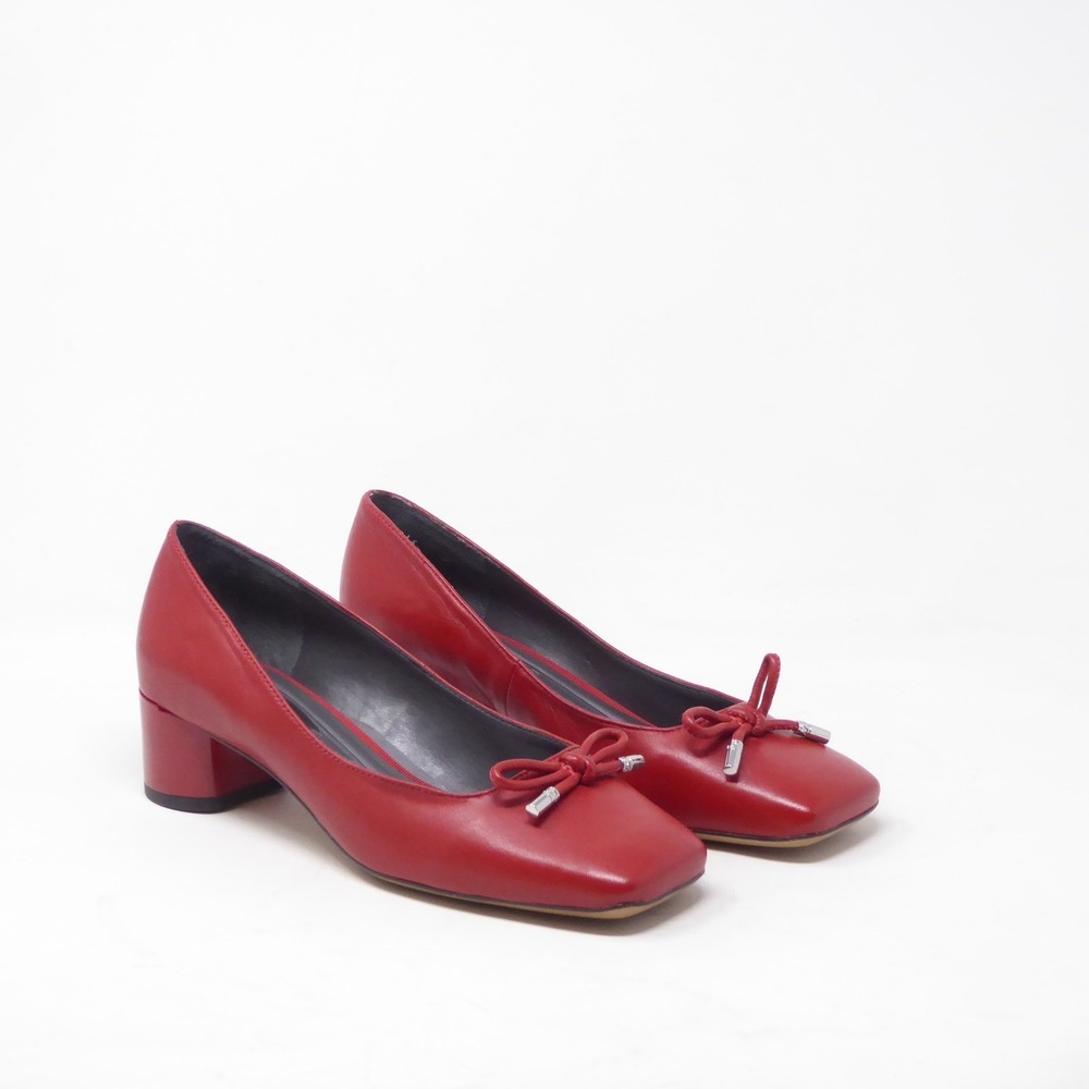 Franco Sarto Women Natalia Pumps Red Leather Square Toe Bow Block Heel 6.5W Wide